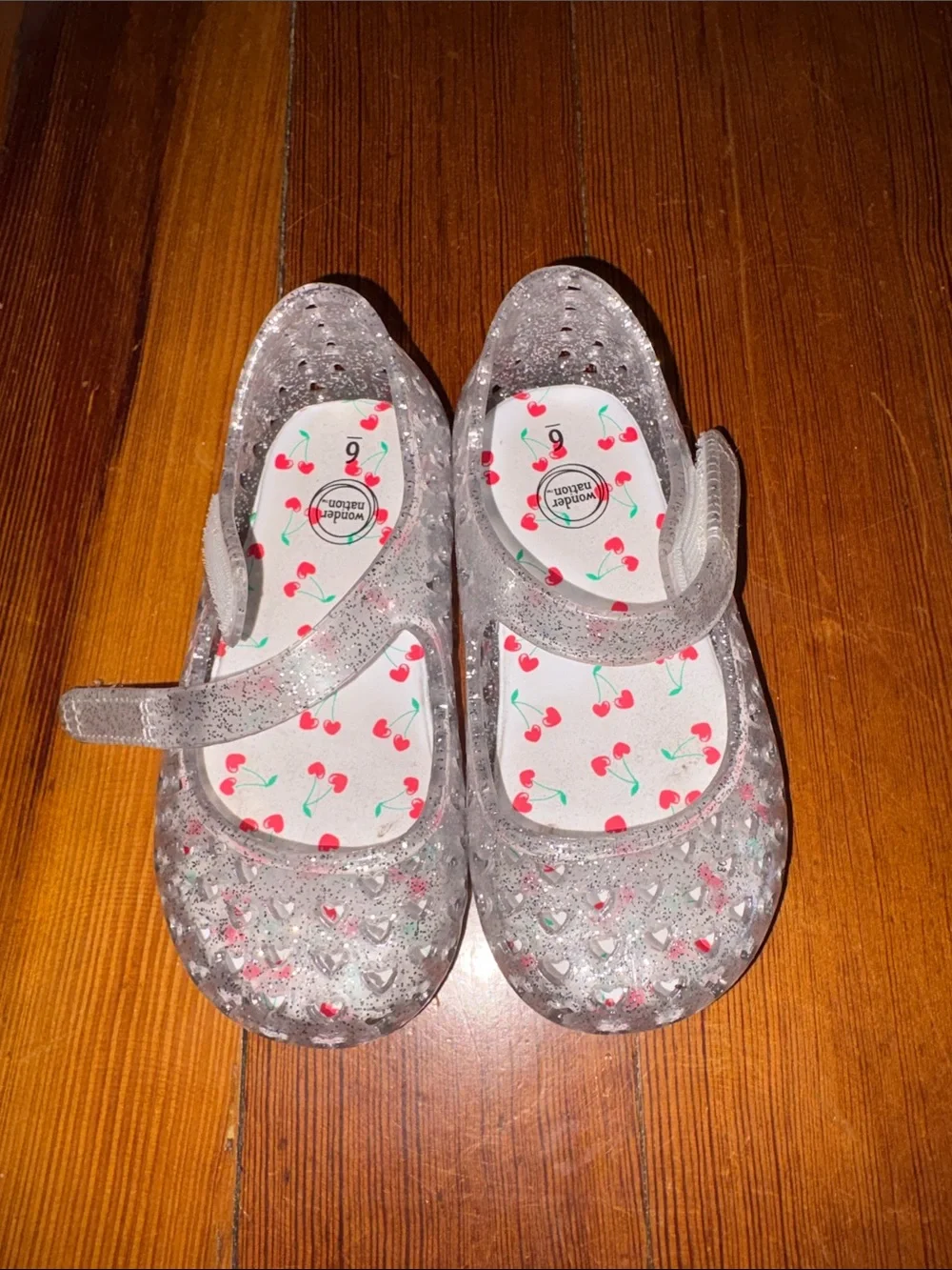 Kids' Sparkle Jelly Mary Janes in Silver with Cherry Insole